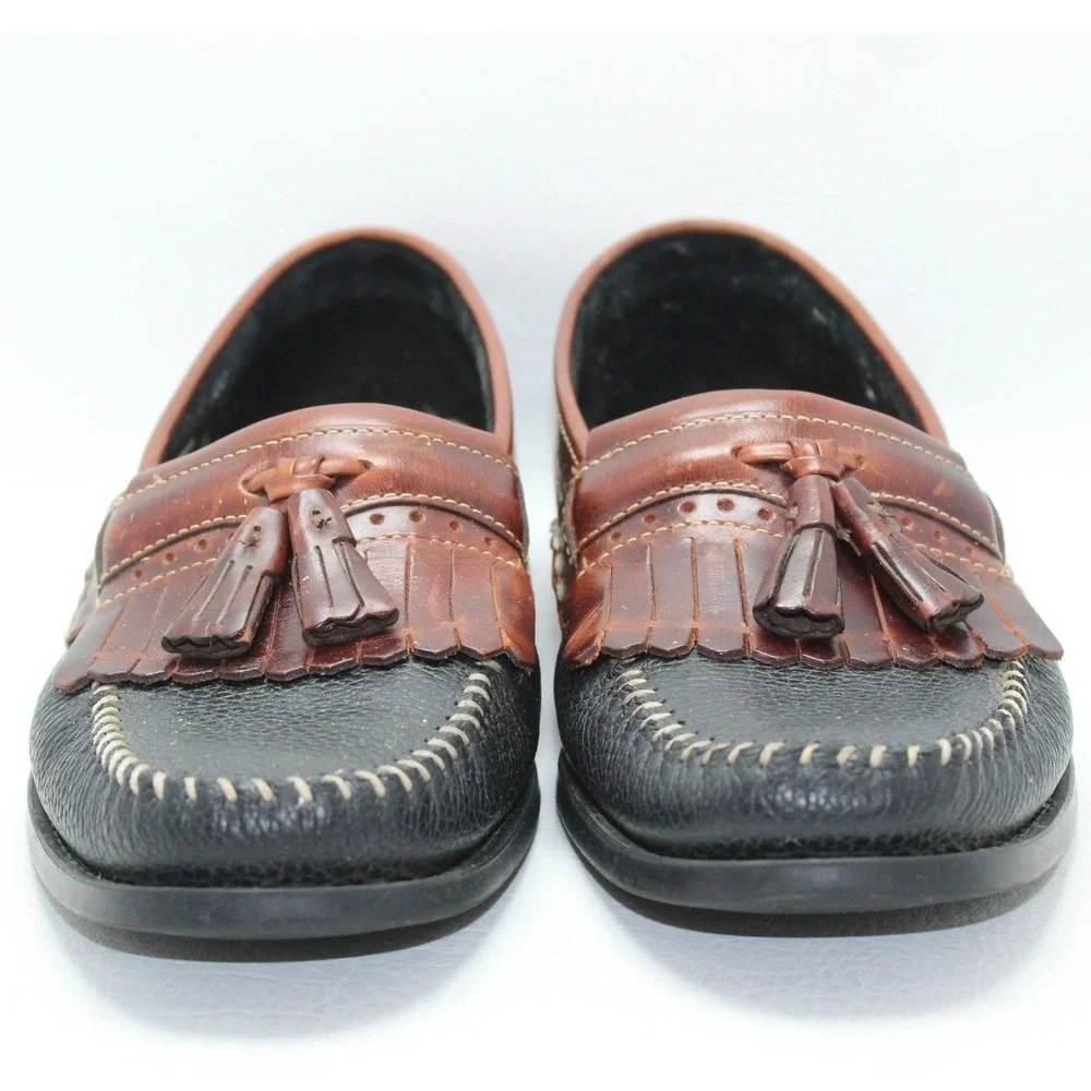 GH Bass Weejuns Mens 10D Black Brown Pebbled Leather Tassel Kiltie Loafers‎ 0035